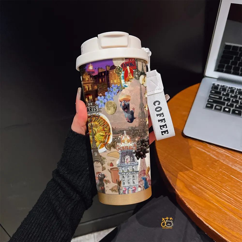 530ML/ 17.92oz Paris Ratatouille Gusteau's Eiffel Tower Collage Pattern Print Phone CaseCoffee mug with straw and lanyard | 316 stainless steel, keeps drinks hot & cold | Portable travel & sports cup | Ideal for home and outdoor activities.