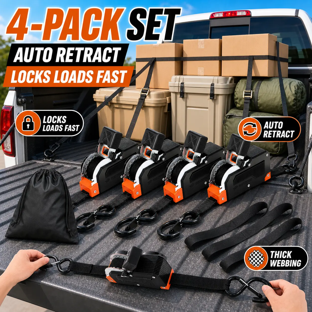 Dual end retractable ratchet straps for pickup cargo