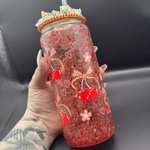 Cherry Bow Snow Globe Tumbler - Glittery Red Design with Cherry Bows