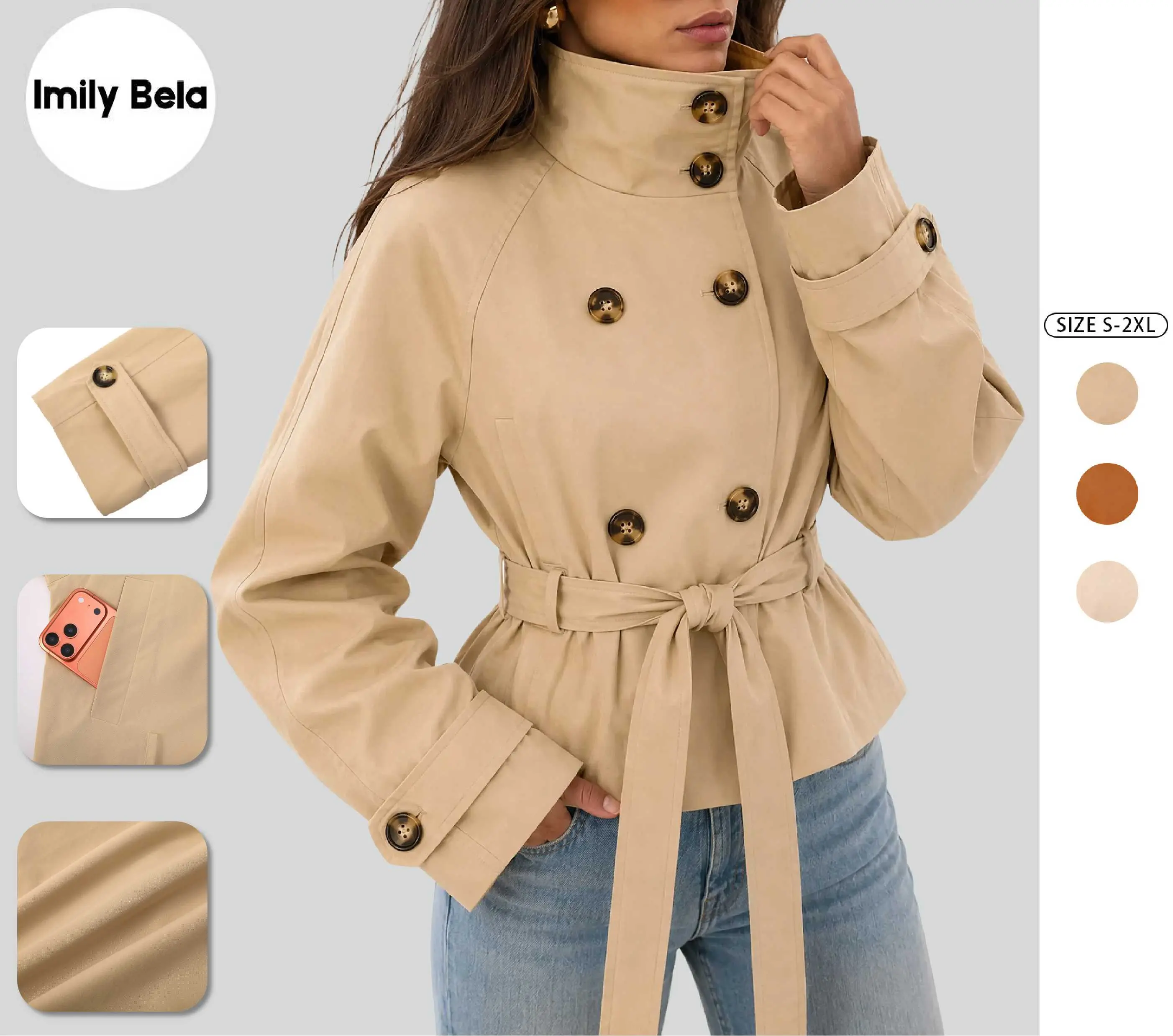 Women’s Cropped Trench Coat, Double Breasted High Stand Collar Belted Jacket, Oversized Long Sleeve Khaki Windbreaker, Elegant Casual Fall Spring Outerwear