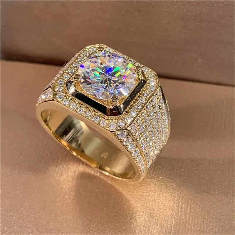 Solitaire 14K Gold Male 2ct Lab Diamond Moissanite Ring 925 Sterling Silver Jewelry Party Wedding Band Rings for Men Jewelry Gifts Fit Daily WearGift