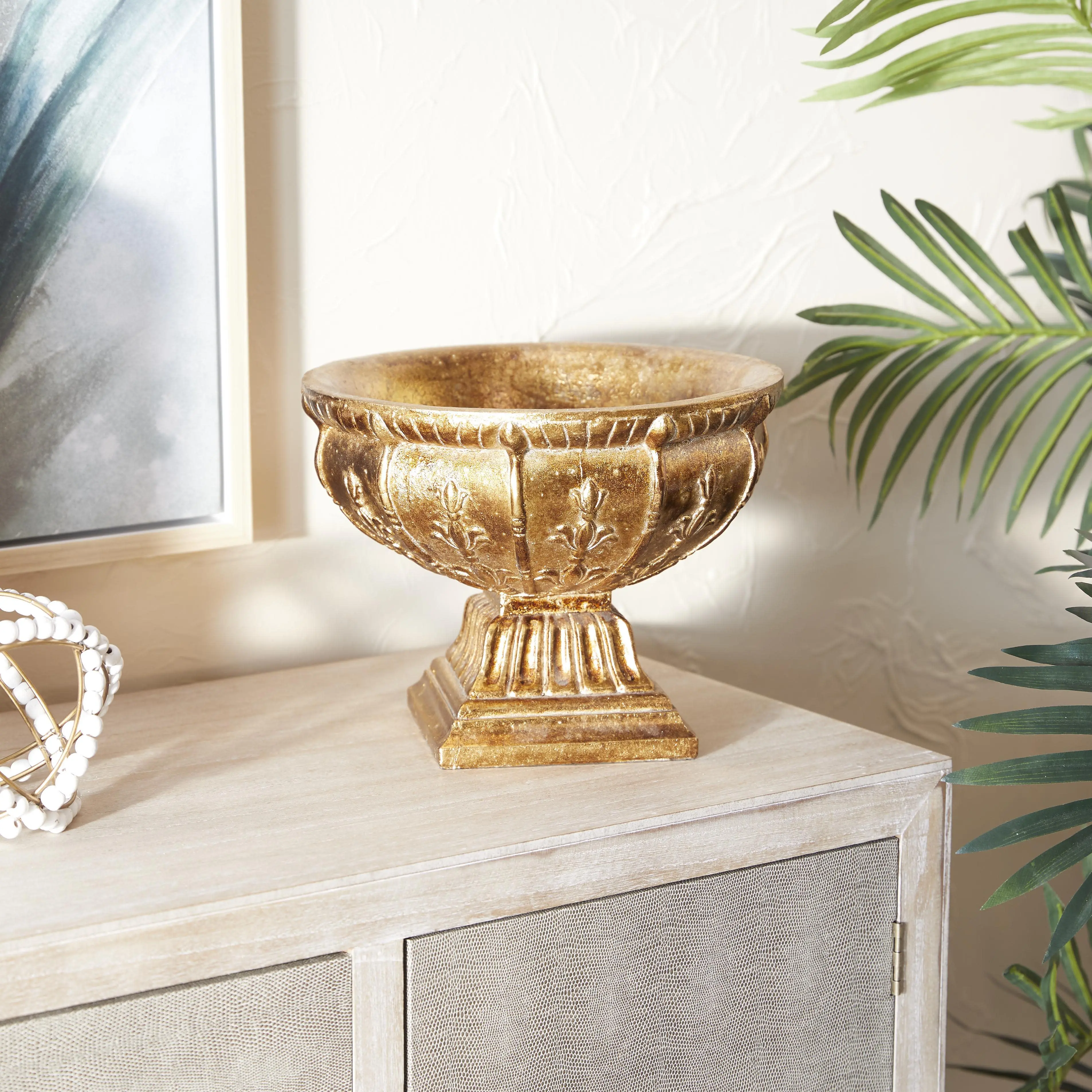 Gold Polystone  Ornate Large Decorative Bowl, 11" x 11" x 9"