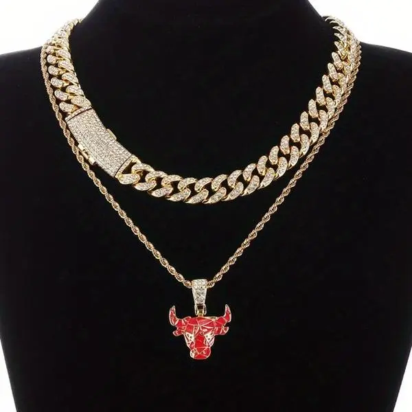 MaxBling81 Unisex Iced Out Cubic Zirconia Hip Hop Jewelry Set - 35mm x 30mm Bull Head Pendant, 24" Rope Chain, 18" Iced Cuban Metal-Coated Chain for Casual Everyday Wear, Male, Daily, Adults, Metal Coating, Synthetic/Simulated Coloured Gemstone, 18" Iced