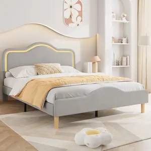 Garvee - Full Size LED Bed Frame with Adjustable Headboard and Footboard, Velvet Upholstered Princess Platform Bed Frame for Boys and Girls, Wooden Slat Support