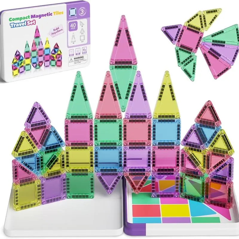 40 Pieces Mini Magnetic Tiles Building Blocks - Christmas Unisex STEM Science Toy, Montessori Educational Colorful Magnet Tiles Flash Cards, Iron Storage Box Travel Construction Airplane Activity Set for Ages 3-8, Birthday, Compact And Portable