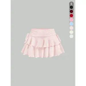 Women's solid color ruffled lace up side skirt, casual and fashionable short skirt, suitable for daily outdoor wear, summer women's underwearRAIMENTRY