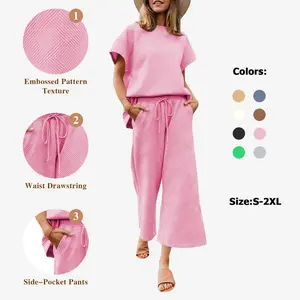 FISOEW Womens 2 Piece Outfits Sweatsuit Long/Short Sleeve Tops and Drawstring Waist Cropped Wide Leg Pants Loungewear Sets viral  knit Jean Shirt matching sets women Matching Tracksuits Womenswear Soft,Valentine's Day Gift Recommendations