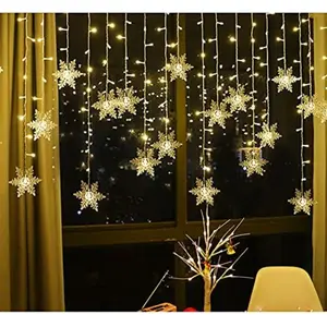LED Snowflake Curtain Lights 19ft 96 LED Warm White - Plug-in Window String Lights with 8 Modes for Christmas, Wedding, Party, Wall & Home Decor