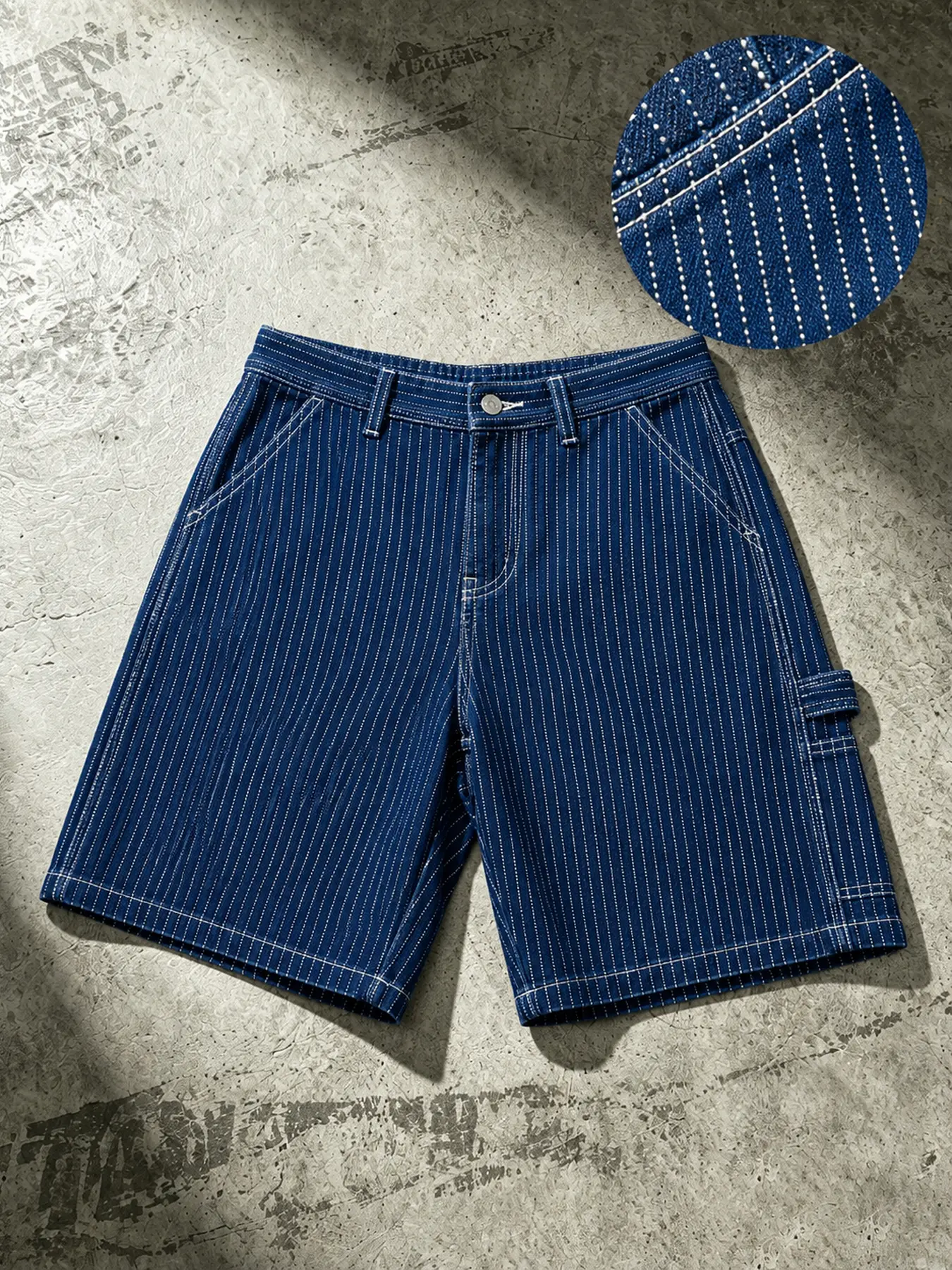 Men's Pinstripe Denim Cargo Shorts - Relaxed Straight Fit Knee-Length Retro Jorts with Button Closure & Multi-Pocket Utility, for Summer Streetwear, Casual Party, Easter, Workwear, Menswear