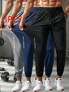 3-Piece Summer Men's Ice Silk Quick-Dry Jogging Pants, Lightweight Elastic Sports Long Pants, Zip Pockets, Breathable Training Pants for Gym Running