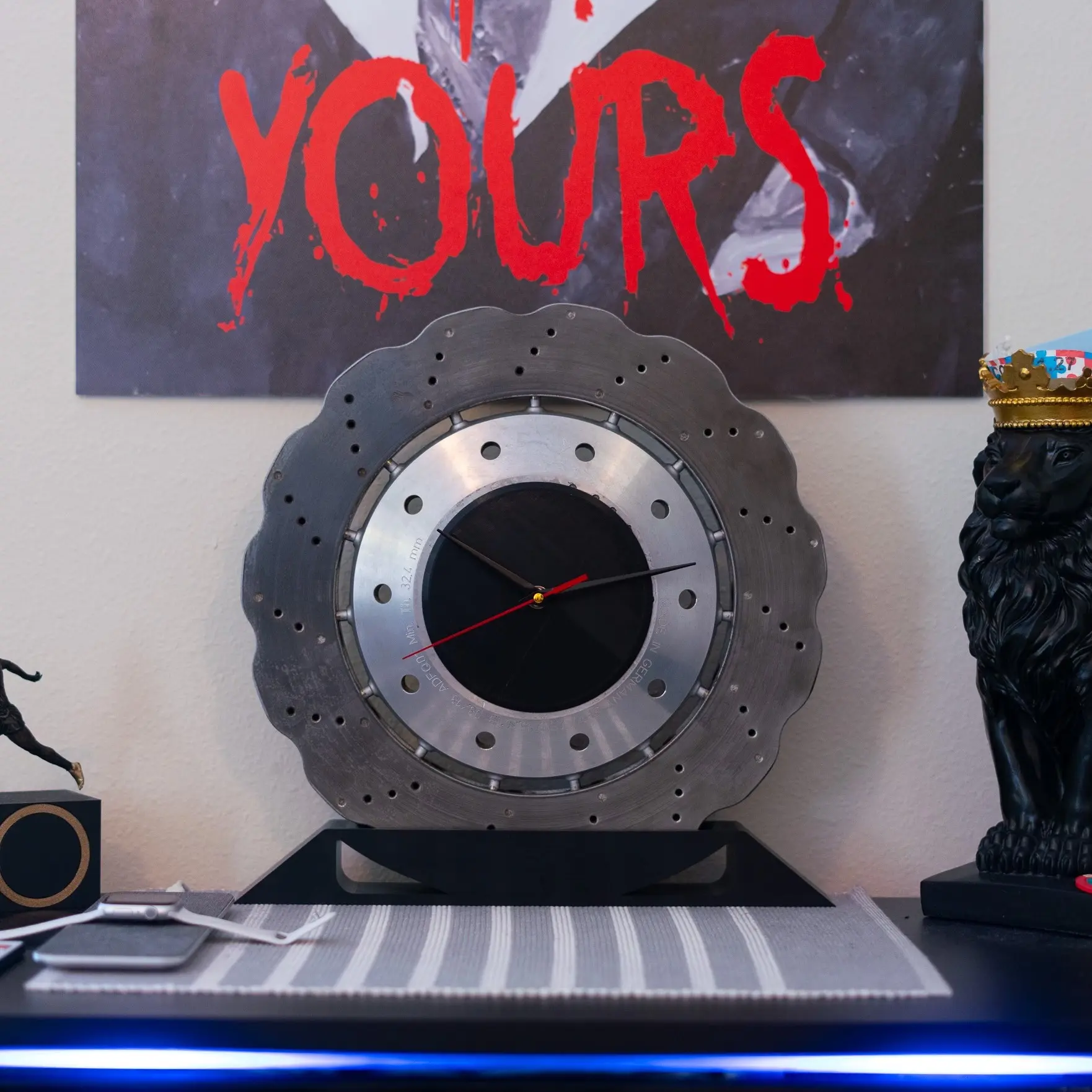 Racecar Brake Rotor Clock Wall Decor from Lamborghini Huracan, Audi R8, Audi RS7