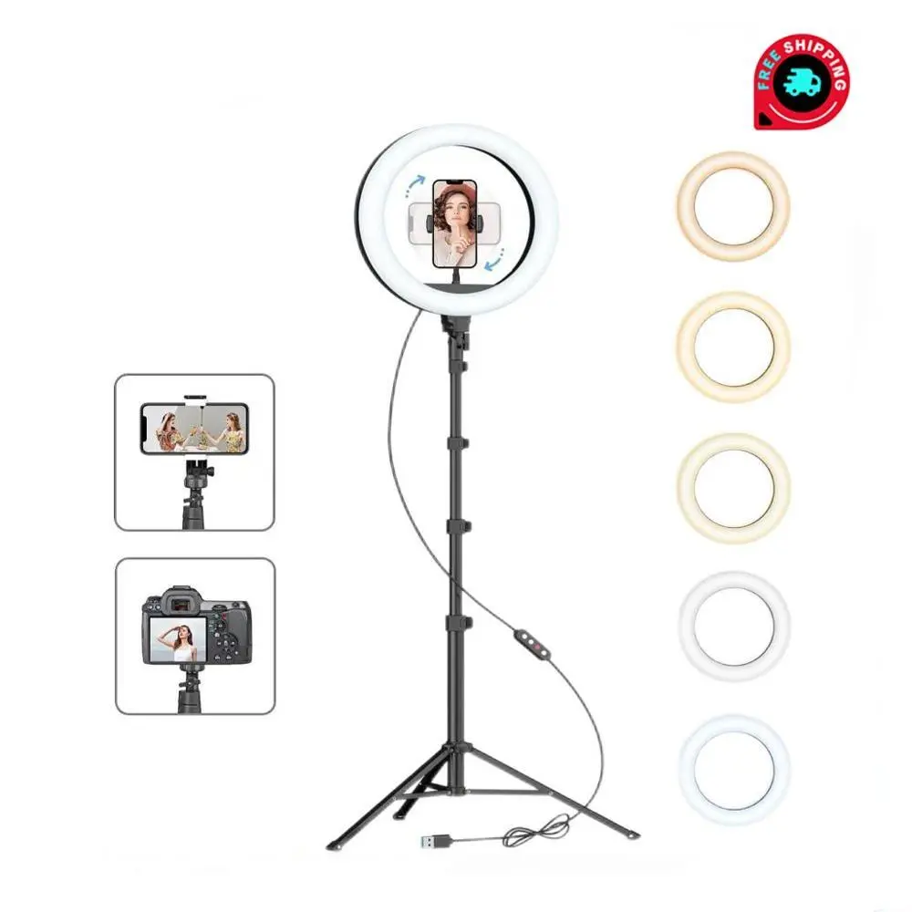 10" Ring Light with 63" Stand & 2 Phone Holders, USB-Powered & Selfie Bluetooth Remote, 360° Adjustable for YouTube TikTok Makeup Photography Live Streaming Podcast, Compatible with All Phones/Cameras