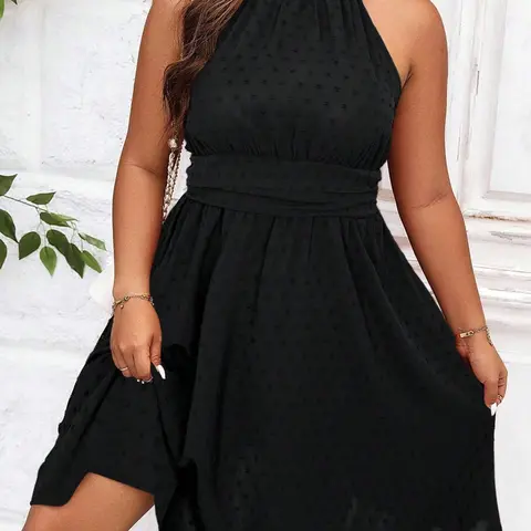 Plus Size French Halter Neck Dress Womenswear Summer Beach Dress Casual Beach Sundress Waist Cinching Slimming Jacquard A-Line Flared Short Skirt Casual Wear Commuter Elegance Dress