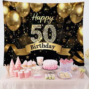 50th Birthday Party Tapestry, 1 Count Glitter Balloon Pattern Birthday Party Decoration, Wall Hanging Art for Home Decor, Festive Celebration Room Display, Banners
