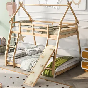 Twin Over Queen House Bunk Bed Frame Solid Wood with Climbing Nets and Climbing Ramp for Boys Girls,Playroom,Twin Over Queen Bunk Beds for Room Makeover ,Sturdy Bunk Beds