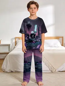 Purple Fantasy Pixel Secret Realm 2-piece boys' digital printed short-sleeve pajamas with long sleep pants, made of flame-retardant fabric. A stylish, trendy, casual, comfortable and soft pajama set, suitable for sleeping and home leisure. 100% polyester,