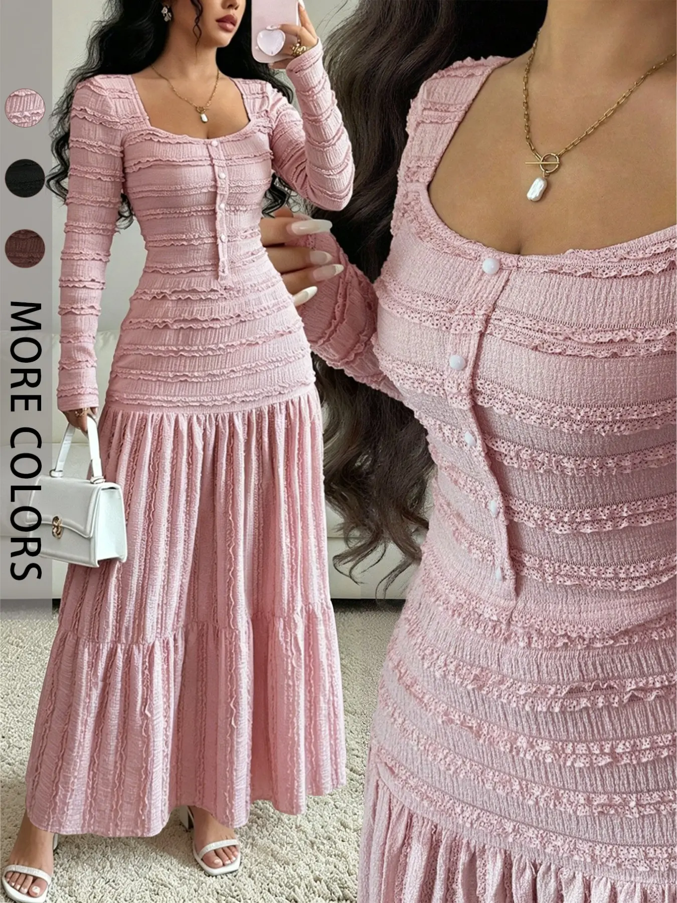 Women's Sweet, Chic & Elegant Long Sleeve Square Neck Dress, Womenswear, Stylish Ladies' Formal Evening Wear, Perfect for Valentine's Day and Other Special Occasions