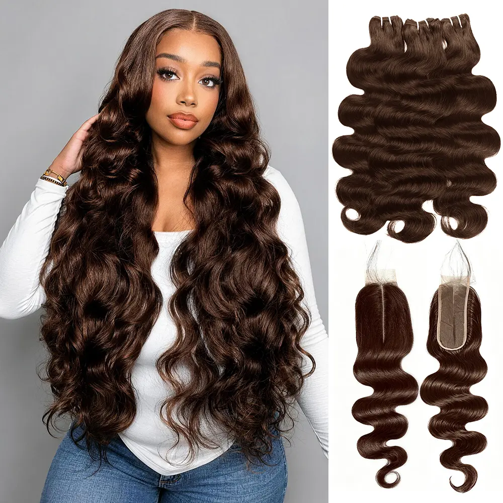 #4 Chocolate Brown Body Wave Bundles With Closure 2x6 Inch Colored Human Hair Bundles With Closure Upgrade 15A Quality Quick Weave Extensions For Women