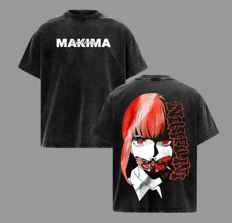 Makima x Chainsaw Man T-Shirt Vintage Washed, Anime Manga Oversize Graphic Tee, Japanese Streetwear Cotton Top, Retro Dark Aesthetic Shirt, Unisex Anime Apparel Gift for Fans Menswear