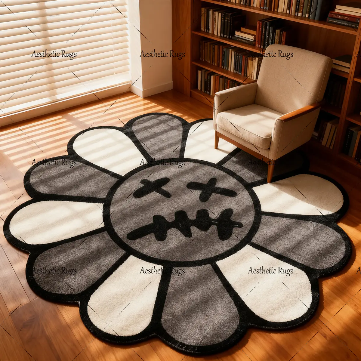 Round Floral Bedroom Carpet, Vintage Flower Mat, Fashion Hip Hop Style Rug, Soft Comfortable Plush Foot Pad, Hand Wash Only, Floral Shaped Rug