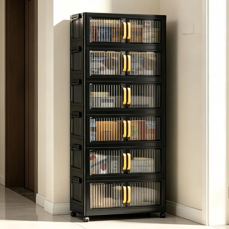 Collapsible Storage Cabinet With Universal Casters, Large-Capacity Stackable Storage Organizer With Lids, Multi-Tier Independent Plastic Storage Bin With Double Doors, Space-Saving Movable Storage Container, Ideal For Entryway, Storage & Organization