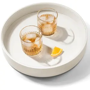 12.6 Inch Round Serving Tray,  Decorative LeatherOttoman Wooden Decor Platter Bathroom Vanity Tray for All Occasions Anti Slip White