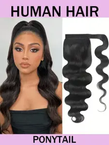 Body Wave Ponytail Human Hair Extension Clip In Ponytail Hair Extensions For Women Smooth And Soft Wrap-Around Long Pony Tail Hairpiece Natural Black Color Wavy Ponytail