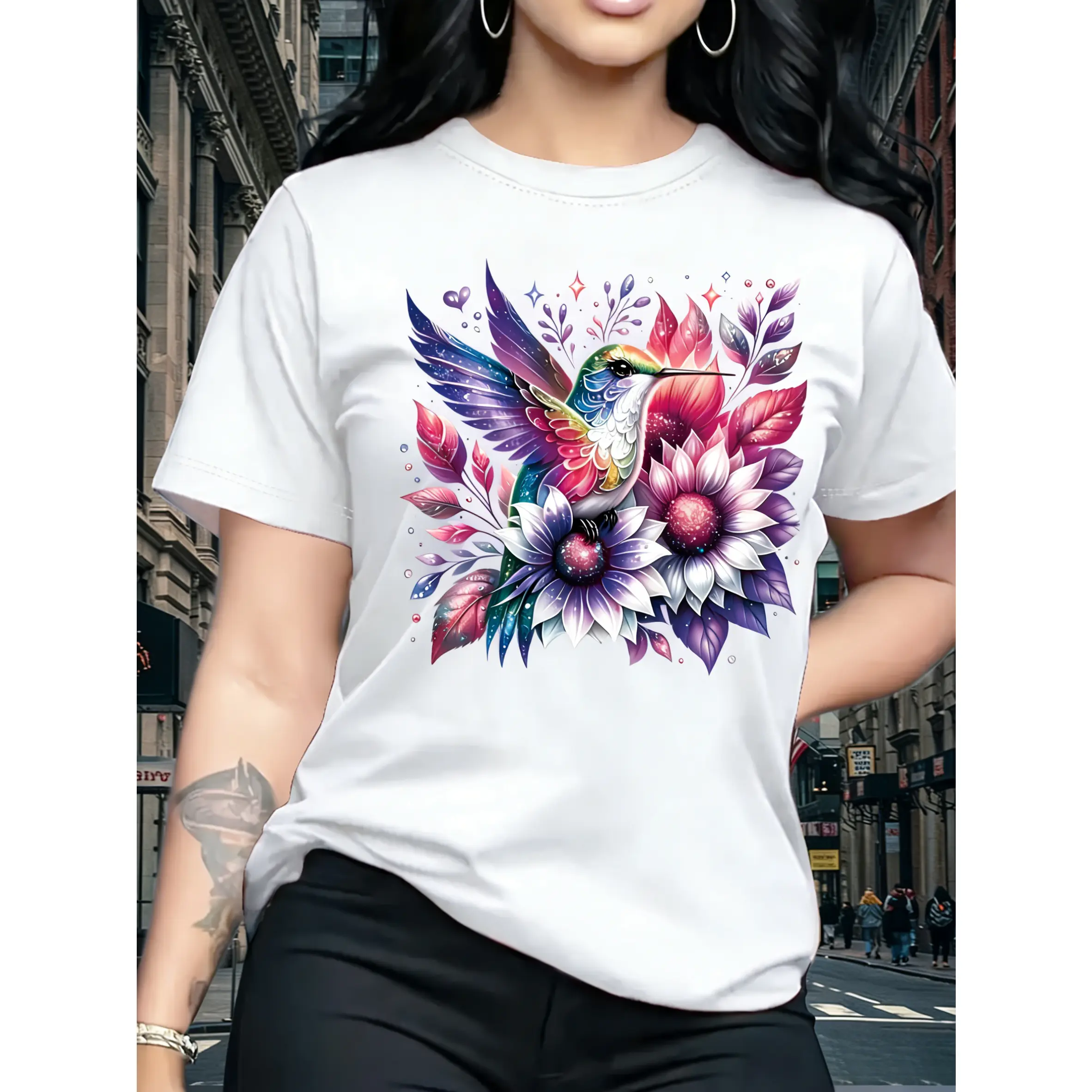 Women's 100% Cotton Oversized Short-Sleeve Round-Neck T-Shirt - Bird-Flapping-Wings Floral Graphic Print, Classic Fit, Casual Elegant Top, Machine Wash, No Bleach, New Year Gifting, Travel Option, Shortsleeve, Tshirt, Printed, Fabric, Flowers, Christmas,,
