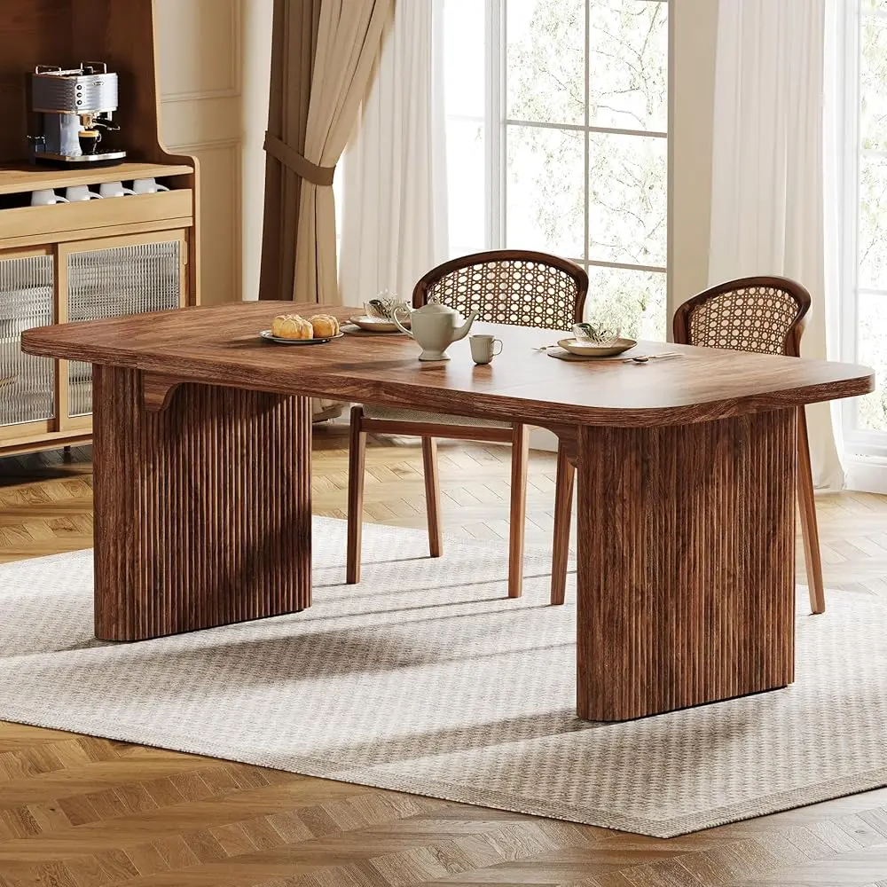 Tribesigns 63-Inch Dining Room Table, Dark Brown Wood, Seats 6, Modern Design with Double Pedestal Tribesigns 63-Inch Dining Room Table, Dark Brown Wood, Seats 6, Modern Design with Double Pedestal
