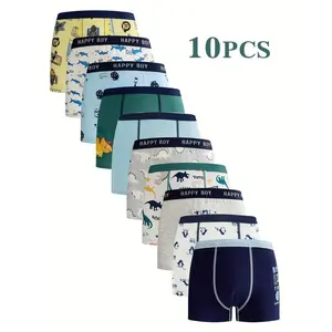 10-Pack Boys' Underwear 3-15 Years - Cute Cartoon & Dinosaur Print Boxer Briefs, Breathable Stretch Waistband, All-Season Comfort with Full-Body Patterns (Plaid, Stripes, Camo, Floral), Cute Underwear, Design, Durable Construction Children Kid