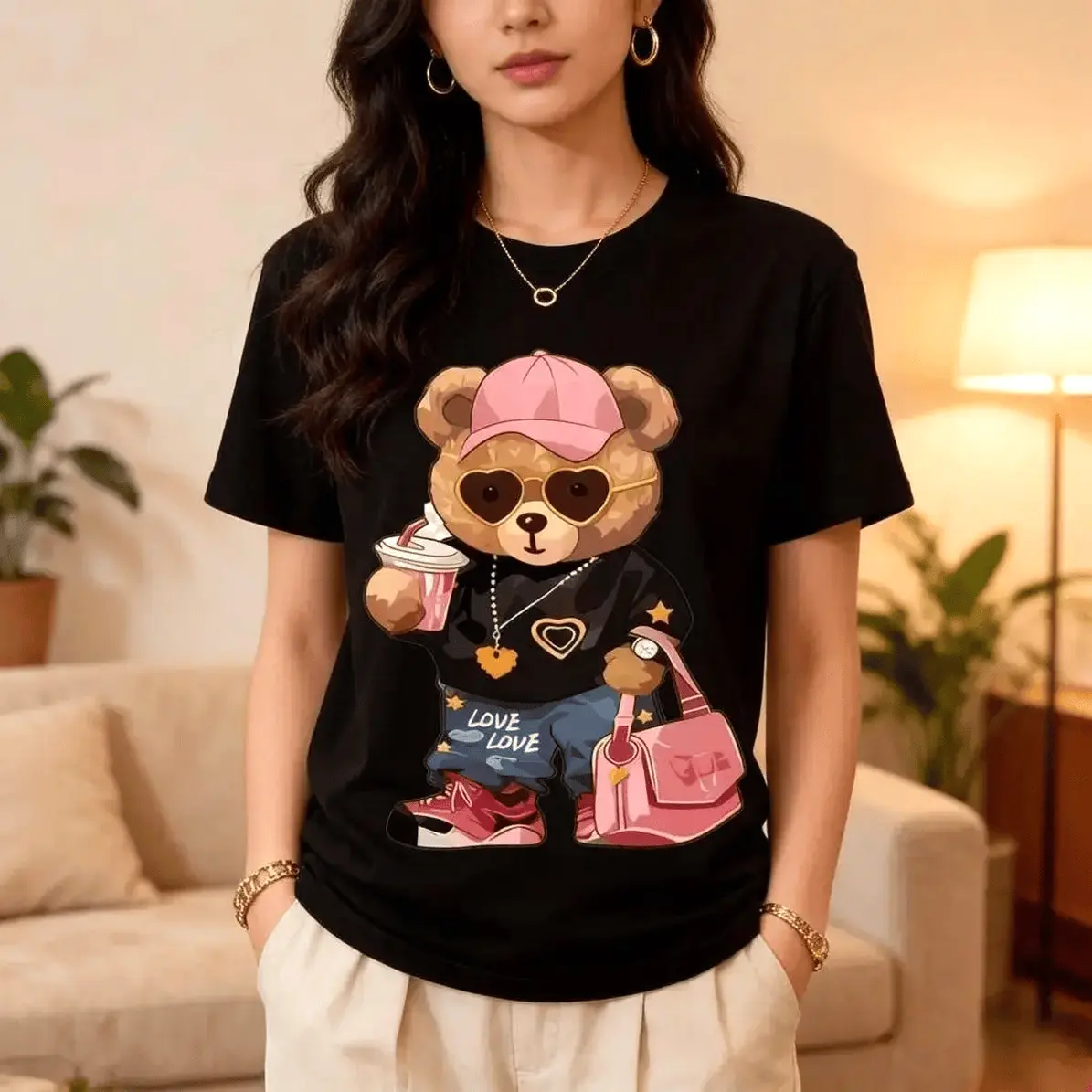 Ladies' Cute Teddy Bear Pattern T-Shirt 100% Soft Cotton Round Neck Short Sleeve Top Casual Summer Spring Wear Fashionab All-Season Cotton T-Shirt
