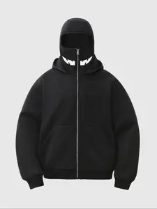 Double Layer Zipper Pocket Hoodie, Bandit Mask Print, Devil Design, Comfortable Casual Wear, Easy to Match Any