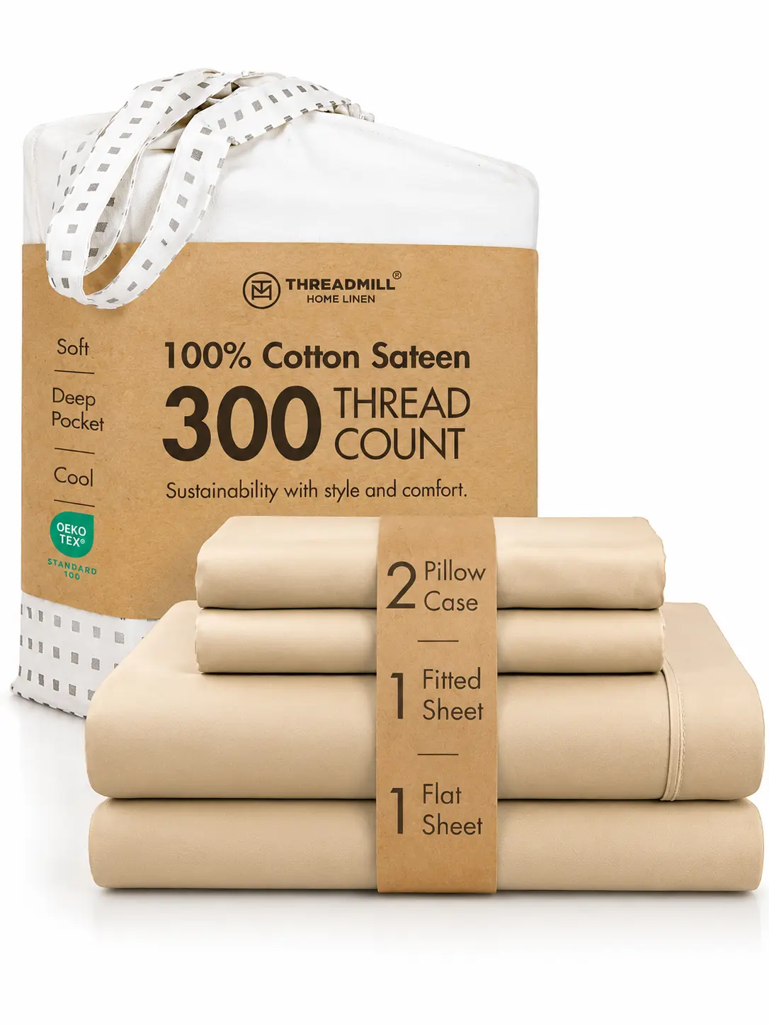 Threadmill Home Linen 100% Cotton 300 Thread Count Solid Sheet & Pillowcase Set, Breathable Home Bedding Bed Set, Durable Bedroom Linens