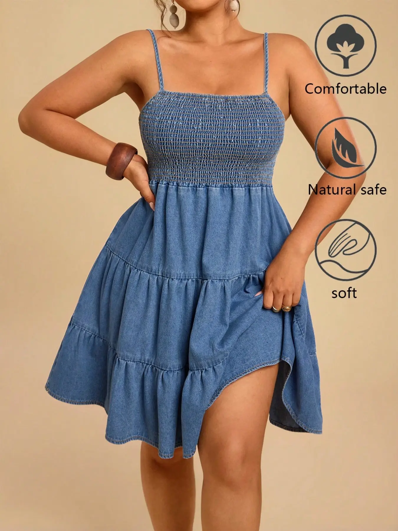 Plus Size Boho Bohemian Style Casual Sleeveless Denim Dress, Perfect for Summer Vacations, Blue Solid Pattern, Unlined Plain Surface