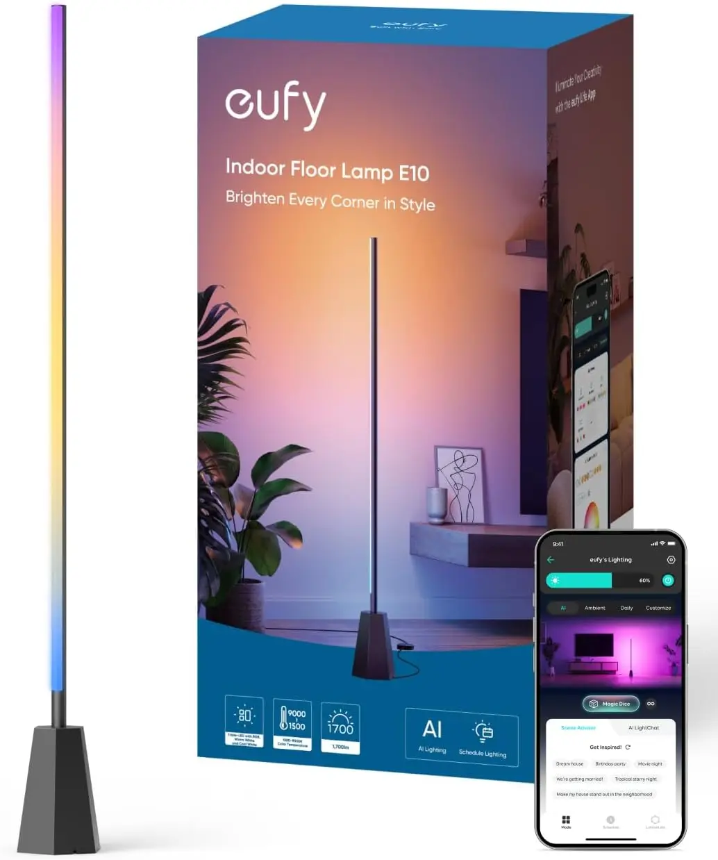 eufy Indoor Floor Lamp E10, RGBWW LED, Smart FLoor Lamp for Living Room and Bedroom, 16 Million Colors, 1700 Lumens, Works with Alexa, Google, Endless
