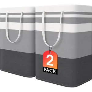 2 Pack Large Laundry Baskets Waterproof Freestanding Laundry Hampers Collapsible Clothes Hamper with Reinforced Handles for Laundry Room College Dorm Bathroom Bedroom (Grey, 75Lx2)