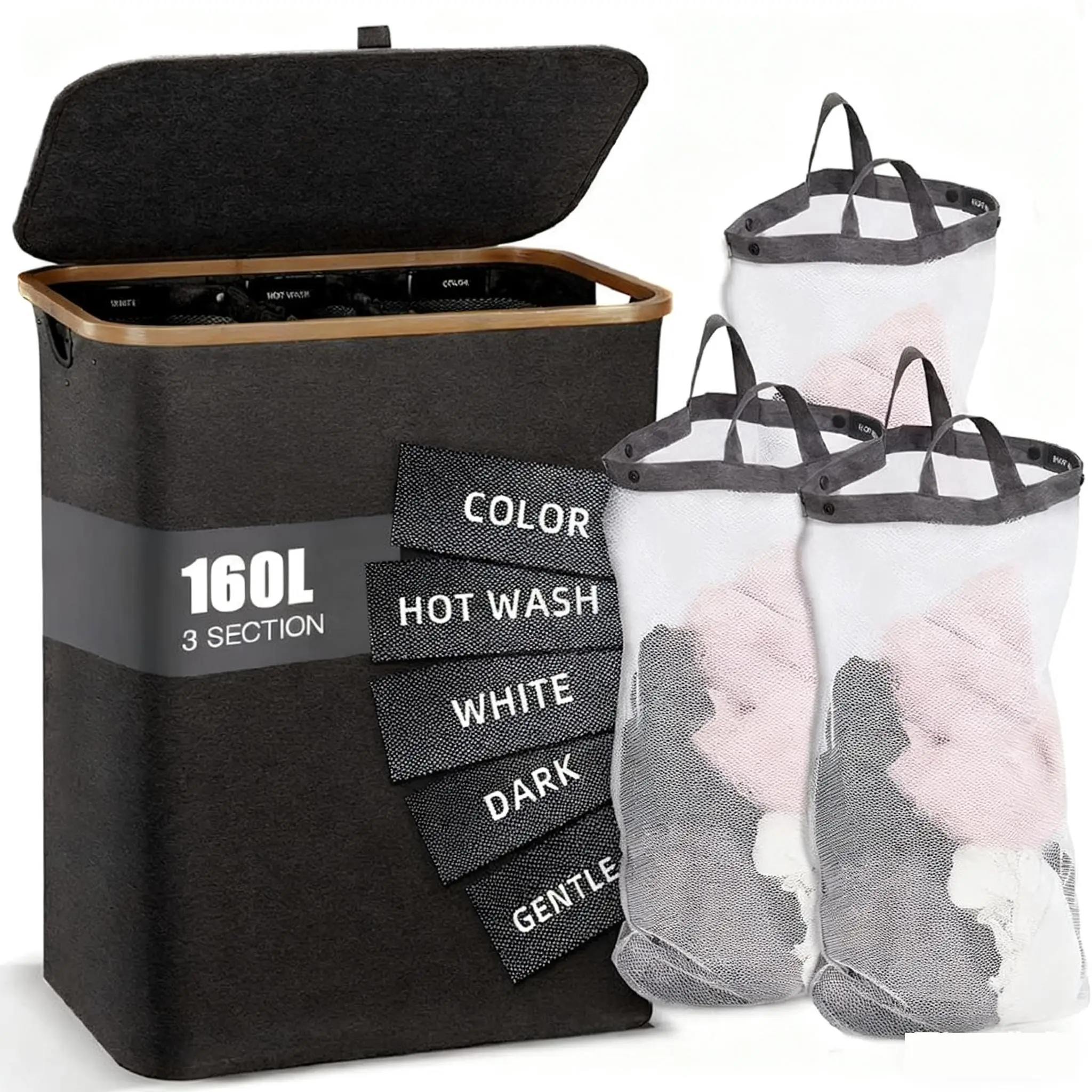 160L Bamboo Foldable Laundry Hamper with 3 Breathable Mesh Bags, Premium Home & Dorm Storage Basket for Dirty Clothes Organization Sorting Bin