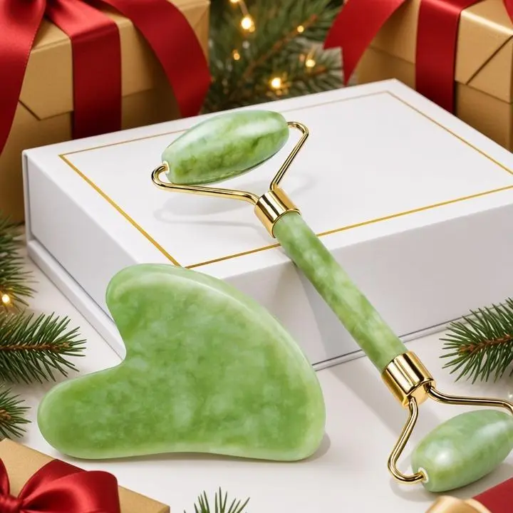 Jade Roller & Gua Sha Gift Set, Cooling Facial Massage Tool, Self Care Gift for Her