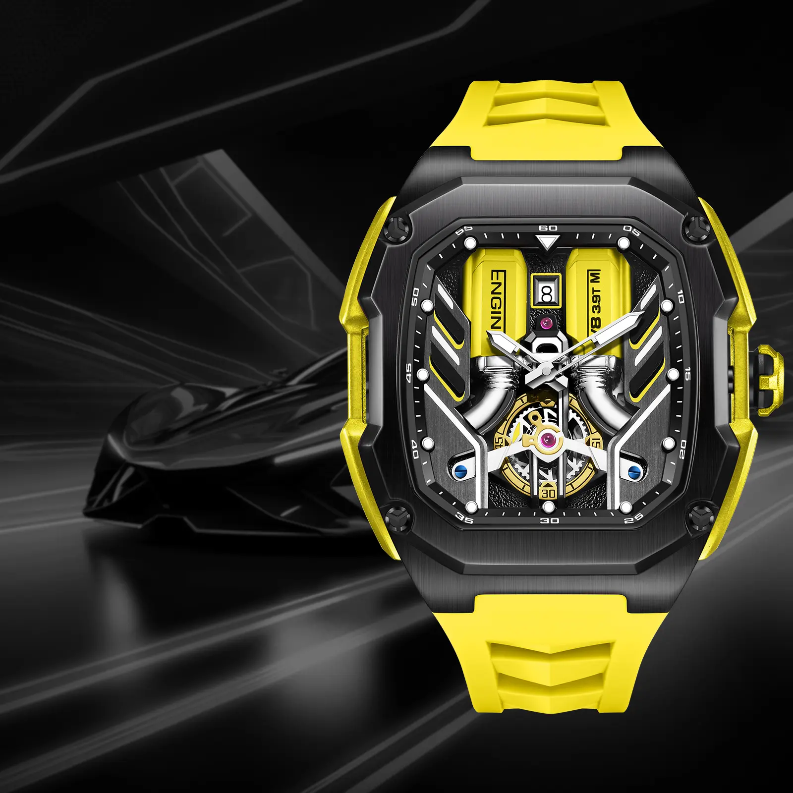 Men's Sports Barrel Watch, Waterproof V8 Engine-Inspired Design with Silicone Strap and Buckle, Cool Gifts for Guys, Waterproof Sport Watches, Quartz Watch