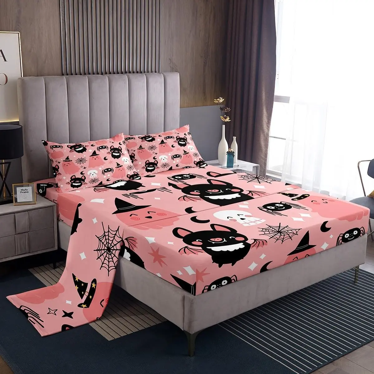 Feelyou Pink Halloween Theme Bedding Set - Bat Ghost Print Bedding Sheets with Cute Deep Pockets, Soft Breathable Design, Ghost Face Blanket for Kids