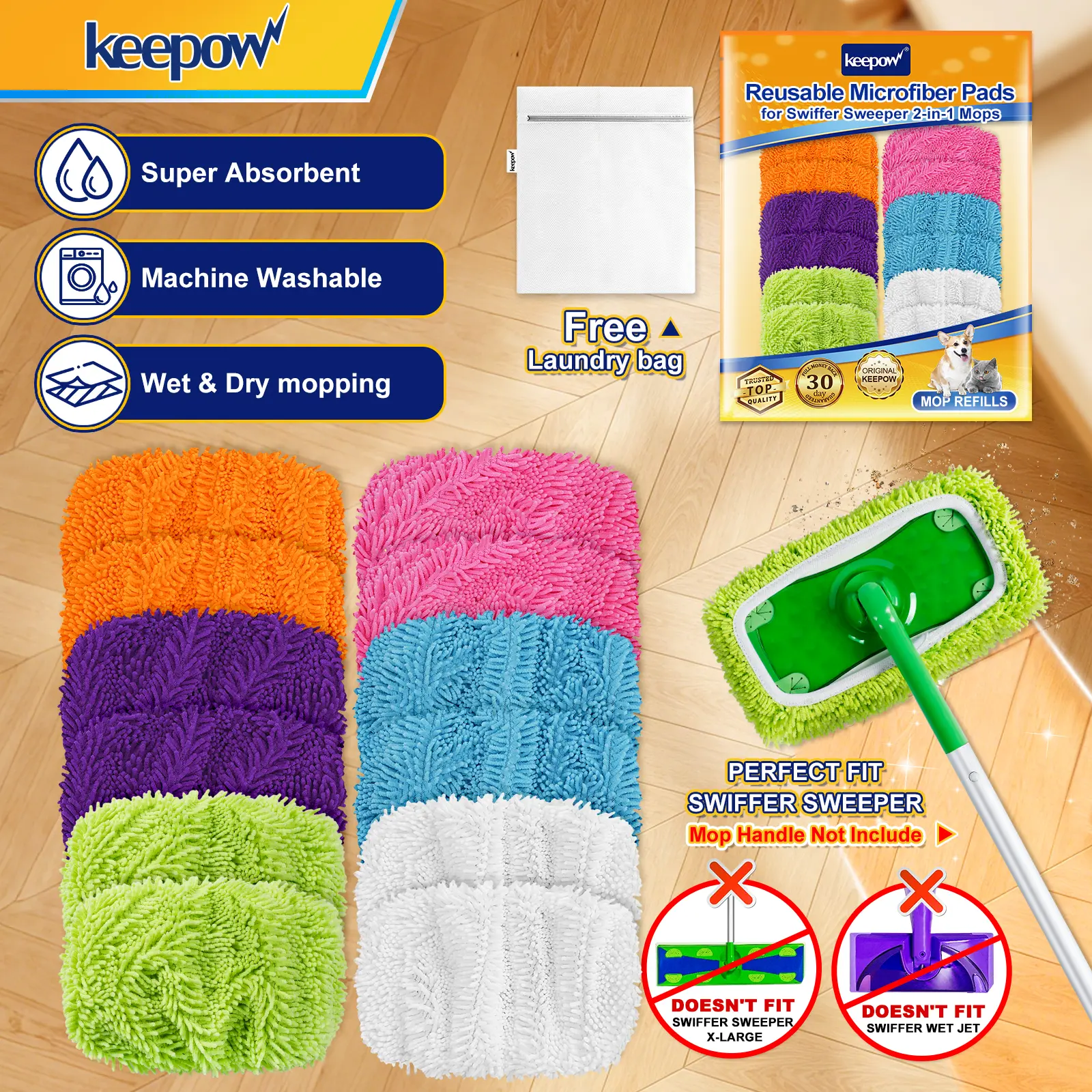 KEEPOW Reusable Mop Pads Wet&Dry Uesd For All 10 Inches Flat Mop With Washing Bag(Mop is Not Included)