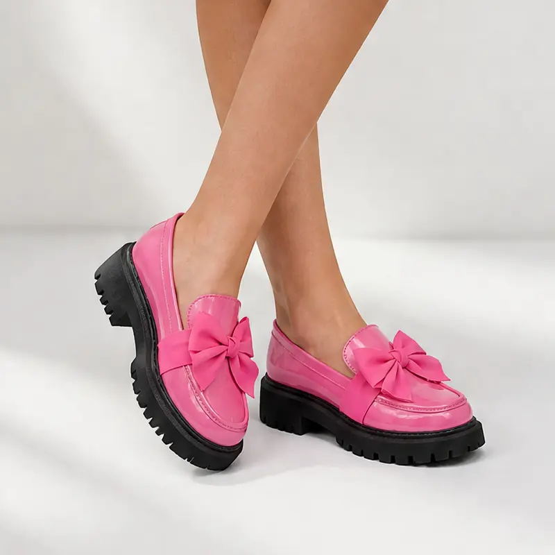Women's Preppy Bow Decor Shoes - Patent Leather Loafers with Thick Sole, Embellished Platform, Versatile Flats for Women, Shoes For Women Black Flatform