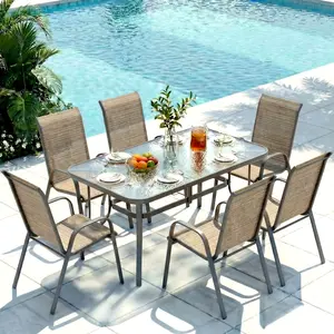 Arlopu 7-Piece Outdoor Table and Chairs for 6, Outdoor Dining Set W/Rectangle Glass Table and Patio Textilene Stackable Chairs, Patio Furniture Set W/Umbrella Hole