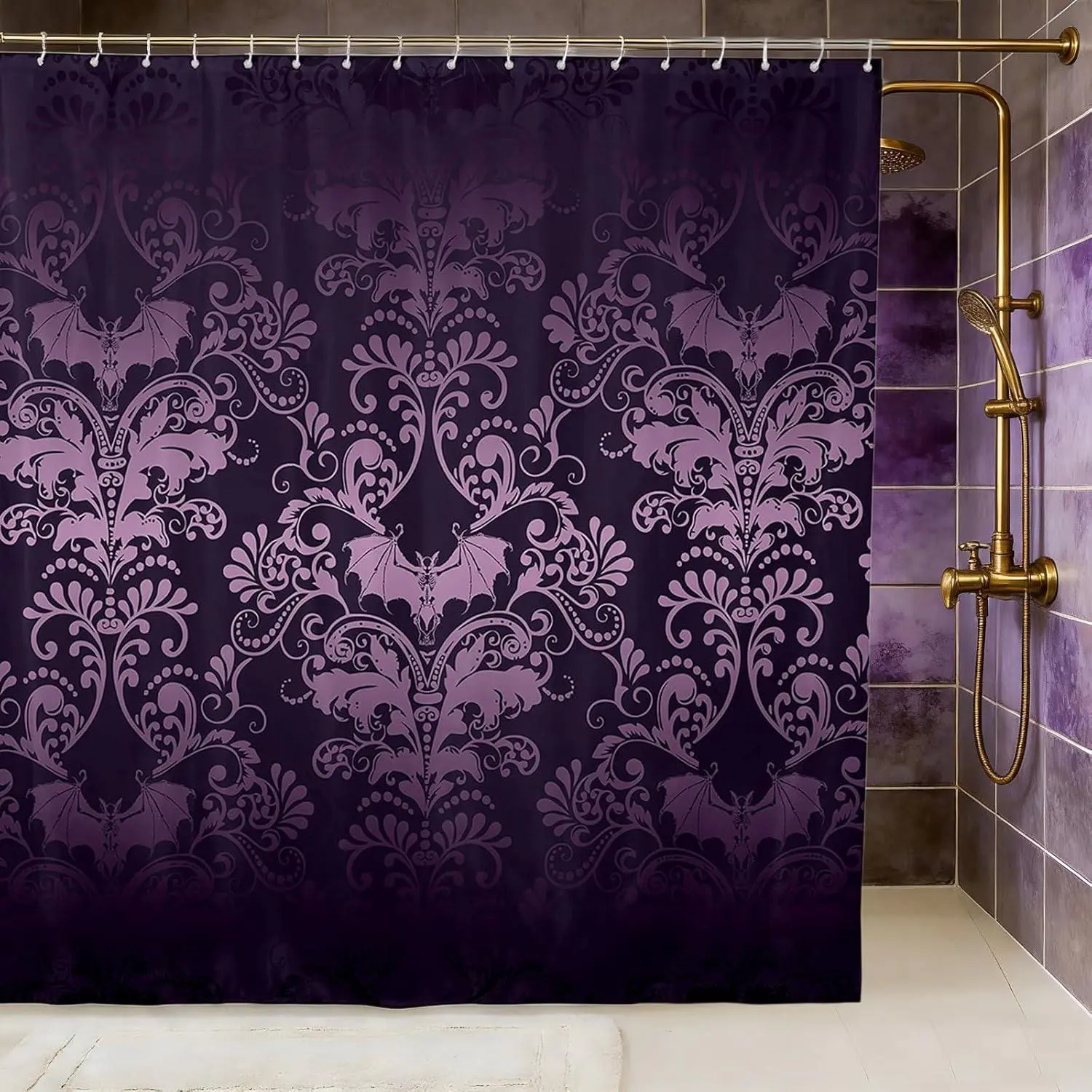 Feelyou Washable Damask Gothic Shower Curtain Set - Waterproof Antique Victorian Fabric, Vintage Floral Goth Bathroom Curtain, Waterproof Shower Curtain