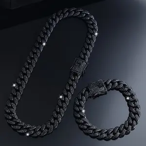 2pcs Men'S Black Cuban Link Chain Necklace and Bracelet Set, Hip Hop Street Style Zinc Alloy Jewelry, with Rhinestone Detailing, for Boyfriend, Son, Dad