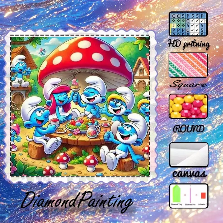 5D-DIY, high-grade velvet canvas, diamond art, diamond painting kit, Smurf, mushroom house, party AB diamond, fairy dust diamond, crystal diamond, perfect home decoration, handmade diamond art painting kit, special craft diamond art kit, Diamond Art Tools