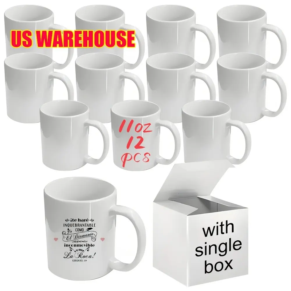 12pcs 12pcs/box White Ceramic Sublimation Mugs Suitable for Gifts, Blank Round Coffee Cups with Individual Box, Bulk for Valentine' Day, Christmas, Birthdays, Corporate Events - US Stock for Immediate Shipping