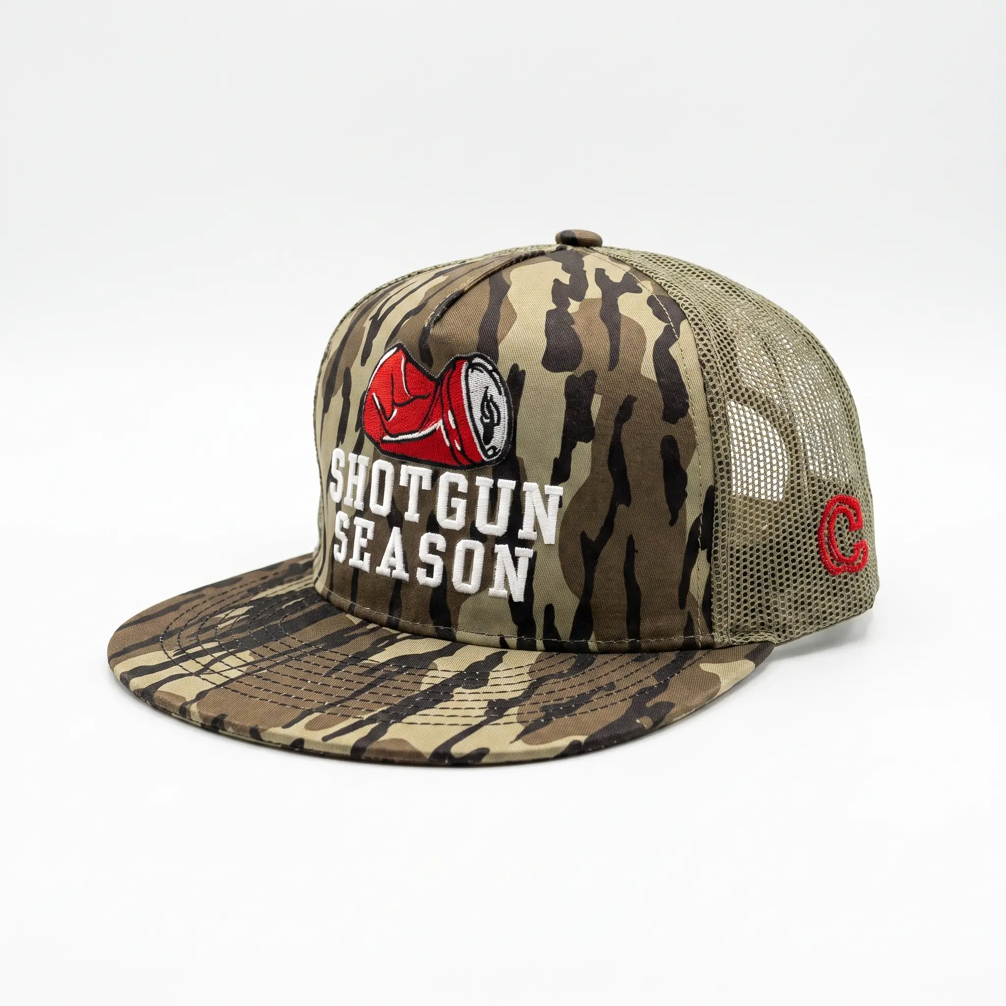 Embroidered Shotgun Season Trucker Hat with Camo Brim, Adjustable Mesh Snapback for Men & Women for Hunting & Daily Wear, Pickleball, Baseball, Camping Weekends, Cap Couture Co, Do Not Wash