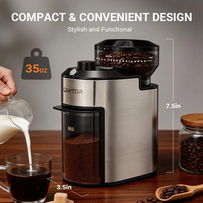 Qawtor Burr Coffee Grinder 4.0 with 28 Adjustable Grind Levels for Espresso, Pour Over, Drip Coffee, and French Press, Features a Precision Timer and Easy-to-Clean Grinding Chamber for Home Coffee Brewing