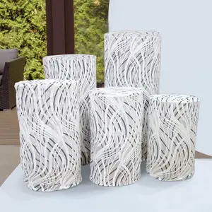 Set of 5 White Wave Mesh Cylinder Pillar Prop Covers with Embroidered Sequins, Premium Pedestal Stand Covers - 160 GSM